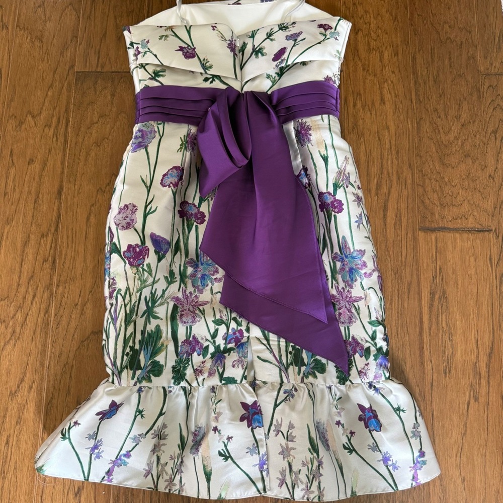 Marchesa Notte Erwina Strapless Floral Midi Dress Purple Bow Strapless Mermaid 8 - Picture 9 of 16